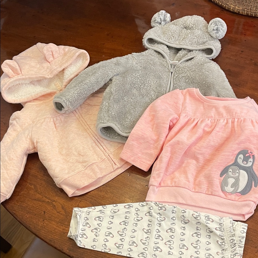 6-9 month girl bundle. Two jackets, PJ and pant set.
